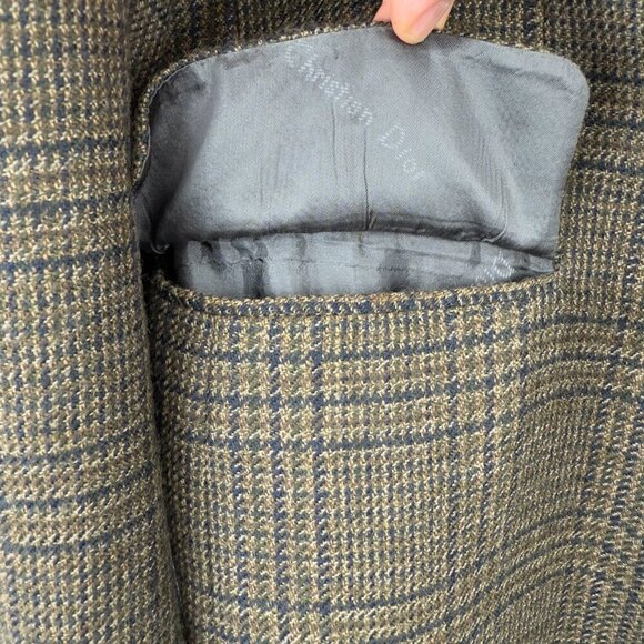 VINTAGE Tweed Houndstooth Dior Fabric Single Breasted Plaid Brown‎ Blazer L / XL - Picture 4 of 9